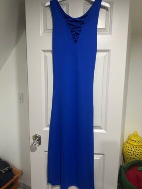 Sleeveless Royal Blue Maxi Dress with Lattice V-Back
